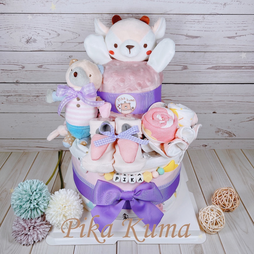 【Pika Kuma】蜜糖粉紫萌小鹿-尿布蛋糕、奶嘴鍊、滿月禮、彌月禮、生日禮、幫寶適