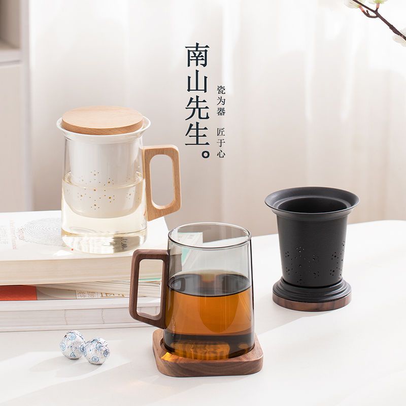 ❤jack*南山先生小白馬克杯帶蓋創意辦公室泡茶杯茶水分離大容量玻璃茶杯