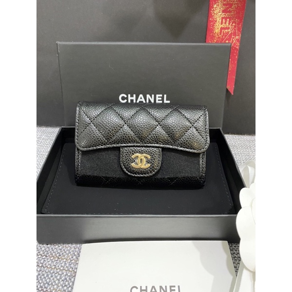 Chanel 香奈兒 魚子醬 荔枝牛皮 金釦 黑金 單層卡包 卡夾 零錢包