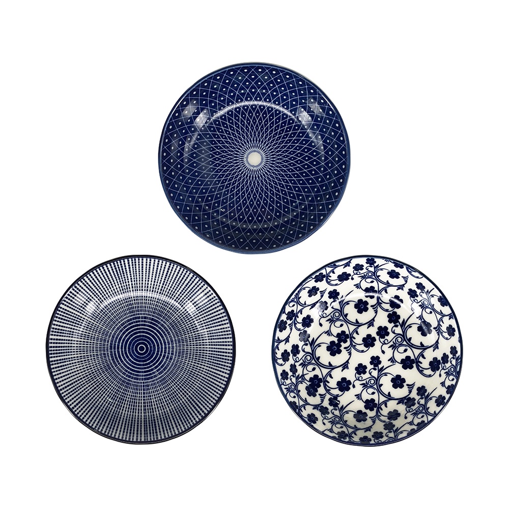 【YU Living】復古藍色系陶瓷釉深盤三件組 餐盤 盤子(三件一組/3款/長21.5cm) [折扣碼現折]