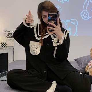 🔆小甜甜日系美衣 甜美家居服黑色撞色拼接睡衣女春秋季2023新款貓咪加大碼長袖長褲家居服套裝