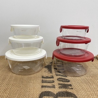 日本 HARIO 圓型耐熱玻璃保鮮盒3入組 紅色/白色