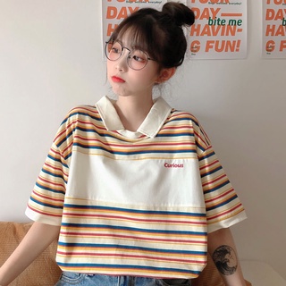 開學季條紋可愛polo衫棉短袖t恤女寬鬆韓版學生學院風上衣