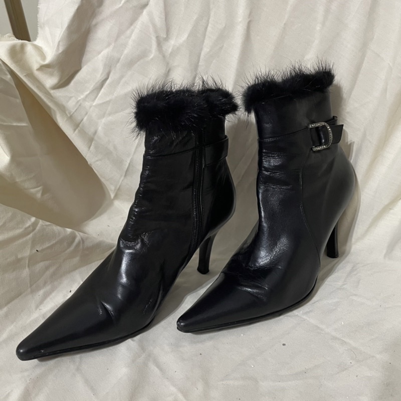 冬季毛毛踝靴 個性 黑色 高跟鞋 二手 高度尺寸如圖