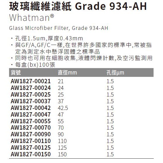 《Whatman®》玻璃纖維濾紙 Grade 934-AH Glass Microfiber Filter, Grade