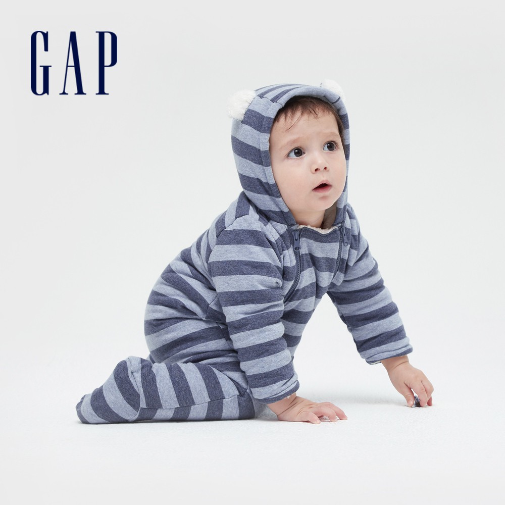 Gap 嬰兒裝 刷毛熊耳造型連帽包屁衣-藍色條紋(599937)