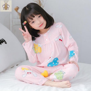 小蜜蜂童裝 女童睡衣 女童居家服 夏季睡衣兒童綿綢睡衣女童夏季薄款人造棉綢長袖套裝中大童寶寶空調家居服