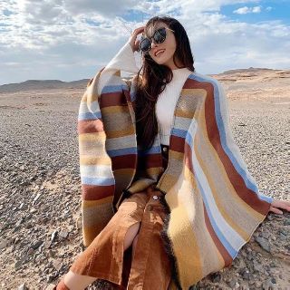 民族风围巾女冬季加厚條紋披肩新疆西藏旅游超大開叉披風斗篷百 駝色 現貨