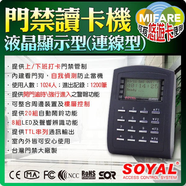 Mifare 門禁讀卡機 液晶顯示型 螢幕 悠遊卡 保全 感應式 快速讀卡 支援防拷型感應卡 出租套房 電梯刷卡