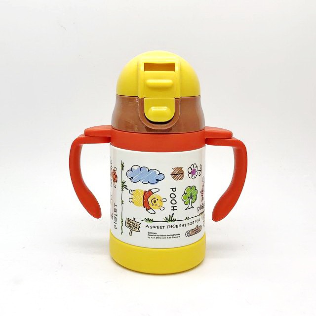 日本 Disney 小熊維尼 兒童雙握把 彈蓋式吸管水壺不鏽鋼240ml保冷專用 (3063)