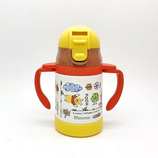 日本 Disney 小熊維尼 兒童雙握把 彈蓋式吸管水壺不鏽鋼240ml保冷專用 (3063)