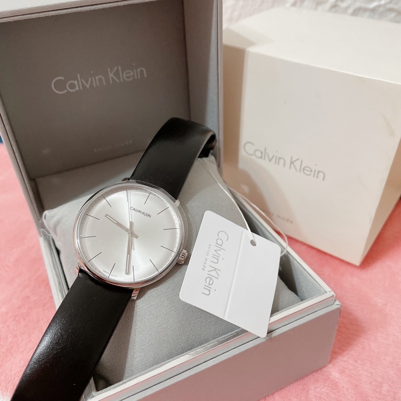 🌸全新 有電🔋✨免運✨Calvin Klein CK手錶礦石強化玻璃 皮革手錶 銀色男用手錶 皮革錶帶 男用錶 帥氣手錶