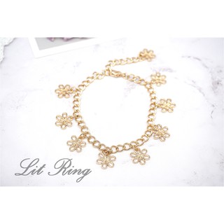 【Lit Ring】金色鏤空花朵吊飾手鍊。浪漫 鏤空 刻花 小花 多吊飾 鍊條 可調式 手環 腳鍊 飾品 禮物