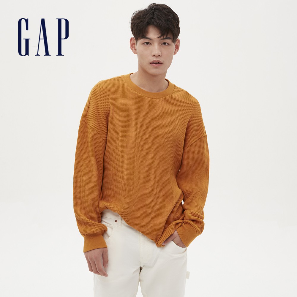 Gap 男裝 棉質華夫格織紋圓領長袖T恤 厚磅密織系列-橙黃色(601707)