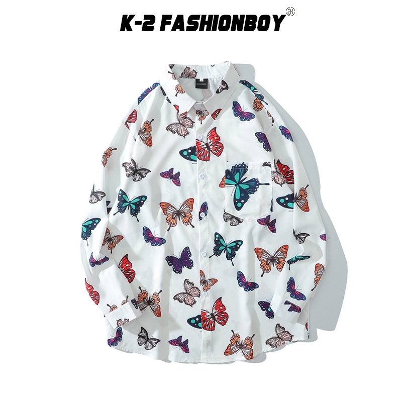 【K-2】Butterfly 彩色 花蝴蝶 長袖襯衫 落肩 寬鬆 花襯衫 襯衫 蝴蝶 情侶 花襯衫【BX1033】