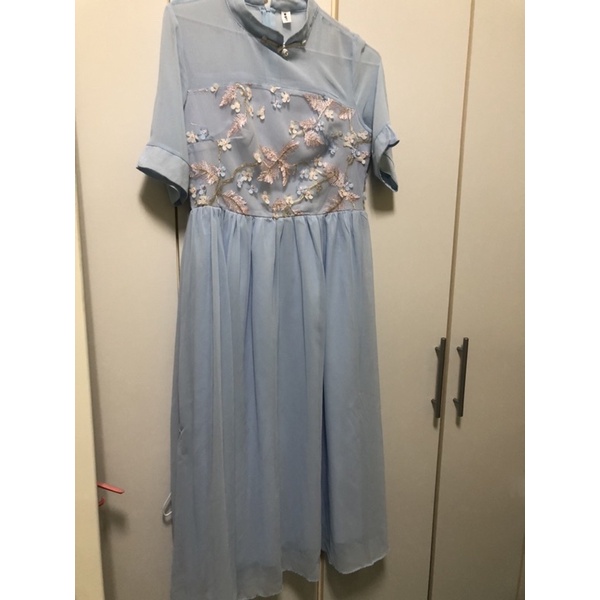 旗袍 漢服 改良式 連衣裙 洋裝 雪紡 古風 水藍