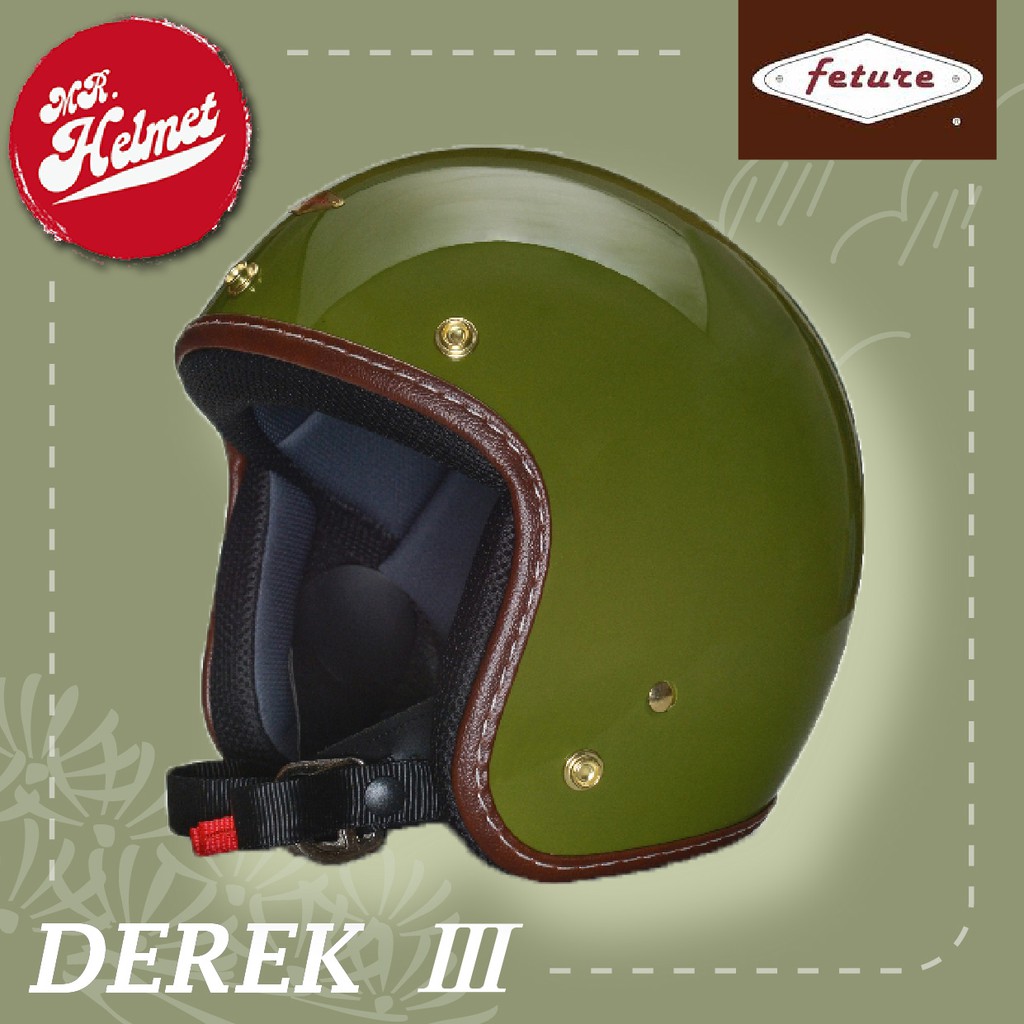 【安全帽先生】Feture 飛喬安全帽 DEREK3 德瑞克3代 亮光淺褐綠 3/4罩 偉士牌 復古帽