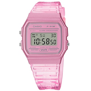CASIO / 卡西歐 方形造型 果凍漸層 電子液晶 橡膠手錶 半透明粉色 / F-91WS-4 / 35mm