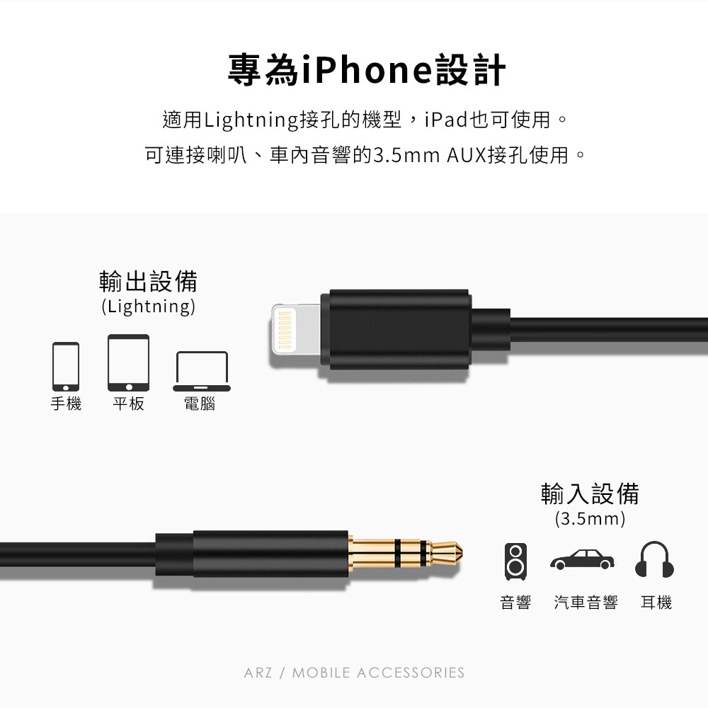 Iphone轉3 5mm音源線aux音頻線鍍金插頭喇叭汽車音響lightning手機音樂轉接線傳輸線arz 蝦皮購物