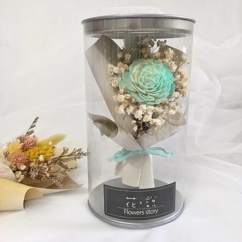 乾燥花 擺設小物 辦公室療癒小物 瓶中花 綠色太陽玫瑰 米色包裝 蝦皮購物