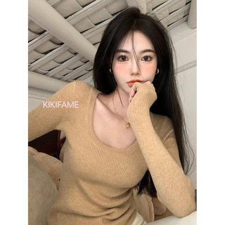 KIKIFAME🤎四色 韓系質感百搭U領針織上衣 針織衫 長袖針織 素色上衣 長袖上衣 百搭上衣 打底衫 合身上衣