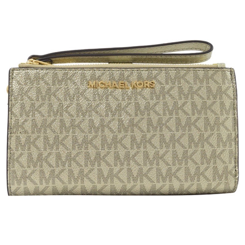 100%美國🇺🇸 MICHAEL KORS 滿版MK LOGO手提式多功能雙拉鍊長夾（金屬色）