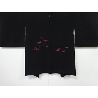 《古著》日本傳統羽織外套 黑色 菊花 刺繡 紅色 花朵 正絹 純絲 古布紋錦紗鼓縮緬 復古 日式和風 和服浴衣振袖 男生