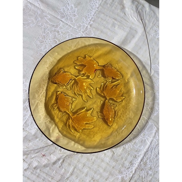 早期雕花琥珀玻璃盤 金魚盤6個 鯉魚盤2個