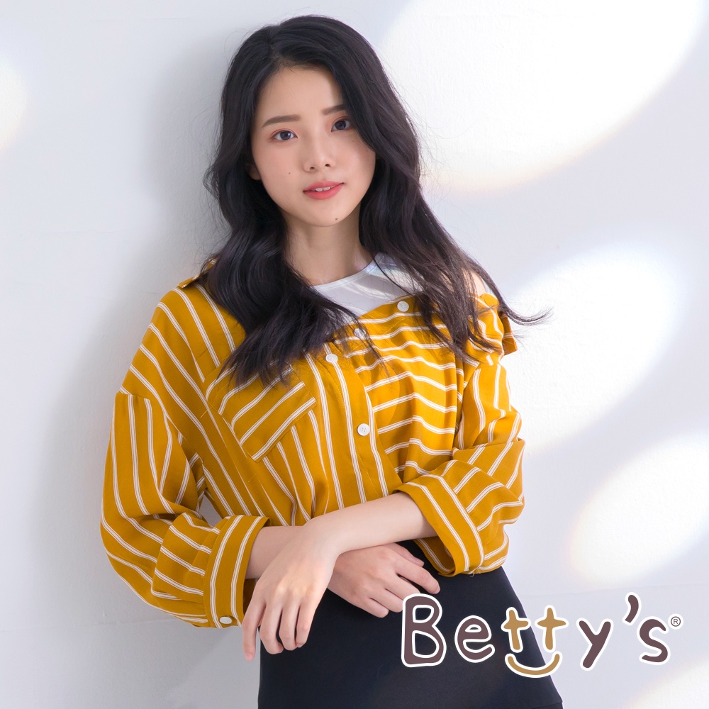 betty’s貝蒂思(05)不規則設計條紋雪紡襯衫(土黃色)