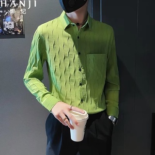 2022爆款襯衫M-3XL 男士春秋季新款潮牌長袖寸衣 輕熟風男裝 綠色休閒上衣 現貨