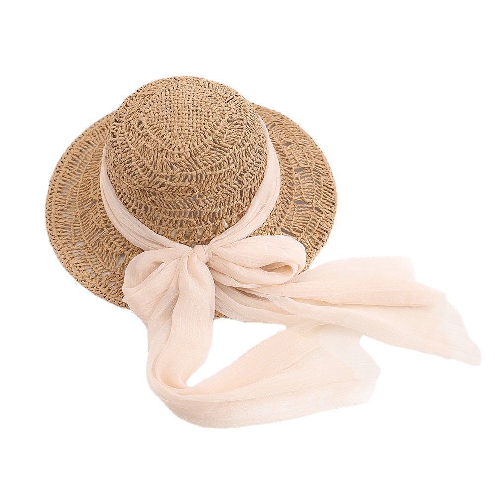 雪紡紗織帶草帽簡約兒童帽子夏季小孩子遮陽草帽外出防曬帽防曬