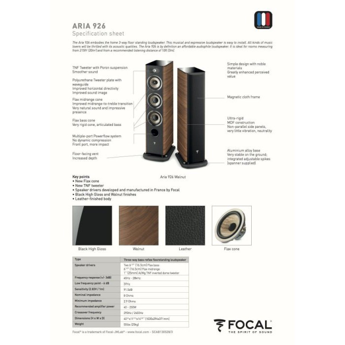 沐耳] 法國Focal 落地式揚聲器搭載最新FLAX 亞麻纖維振膜Aria 926 鋼琴 