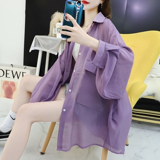 長袖襯衫 女生衣著 上衣 襯衫 長袖 防曬大尺碼 寬鬆 襯衫女 夏季韓版百搭顯瘦外套 防曬外套 休閒透氣 薄款外套