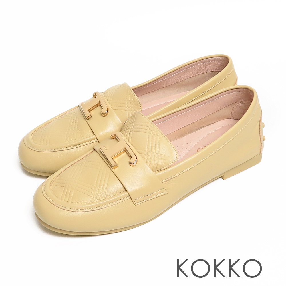 KOKKO超舒適菱格紋全真皮彈力平底休閒鞋黃色