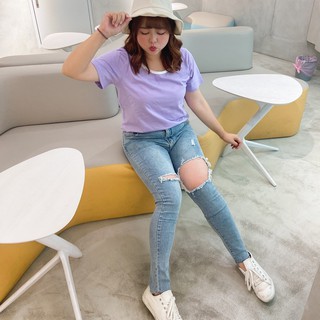 CCGIRL 中大尺碼 彈性刷破設計牛仔褲(無後鬆緊+真口袋)- 適L～4L《 2310 》大尺碼女裝 中大尺碼牛仔長褲