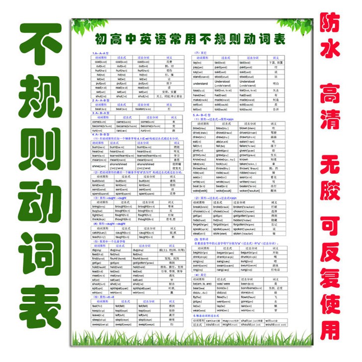 英語常用不規則動詞表掛圖小學初中英語學習掛圖過去式過去分詞 蝦皮購物