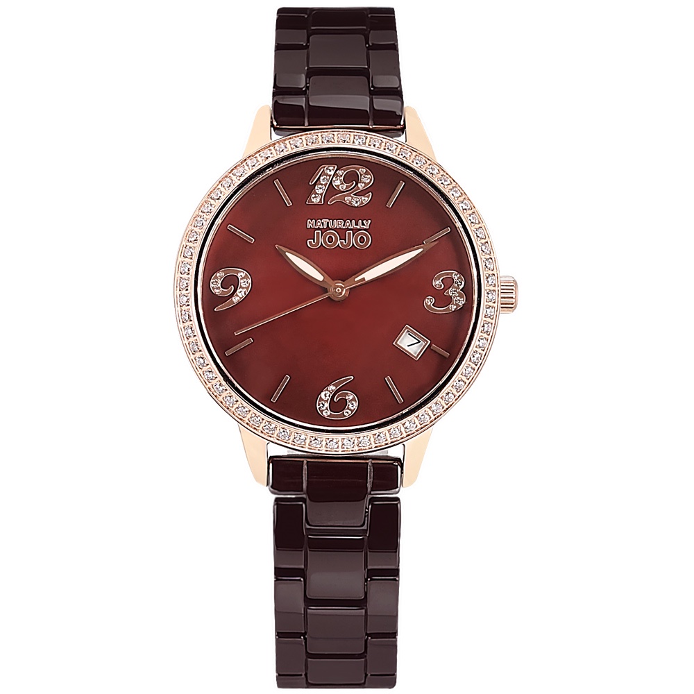 NATURALLY JOJO / 珍珠母貝 日期 陶瓷手錶 紅褐x玫瑰金框 / JO96968-95R / 34mm