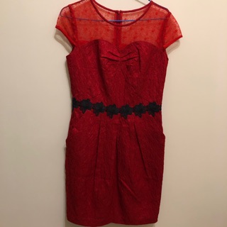 全新紅色簍空蕾絲小洋裝