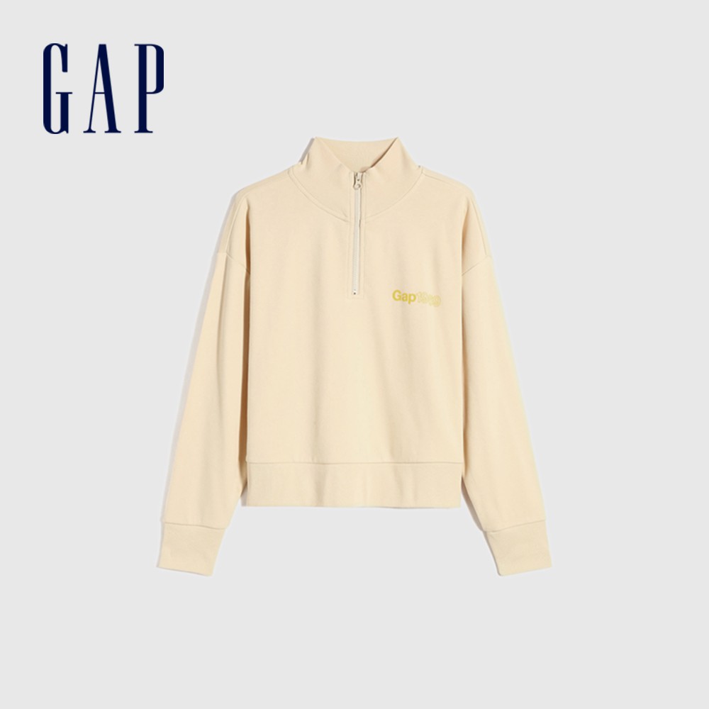 Gap 女裝 Logo半開領大學T 碳素軟磨法式圈織系列-奶油黃(803970)