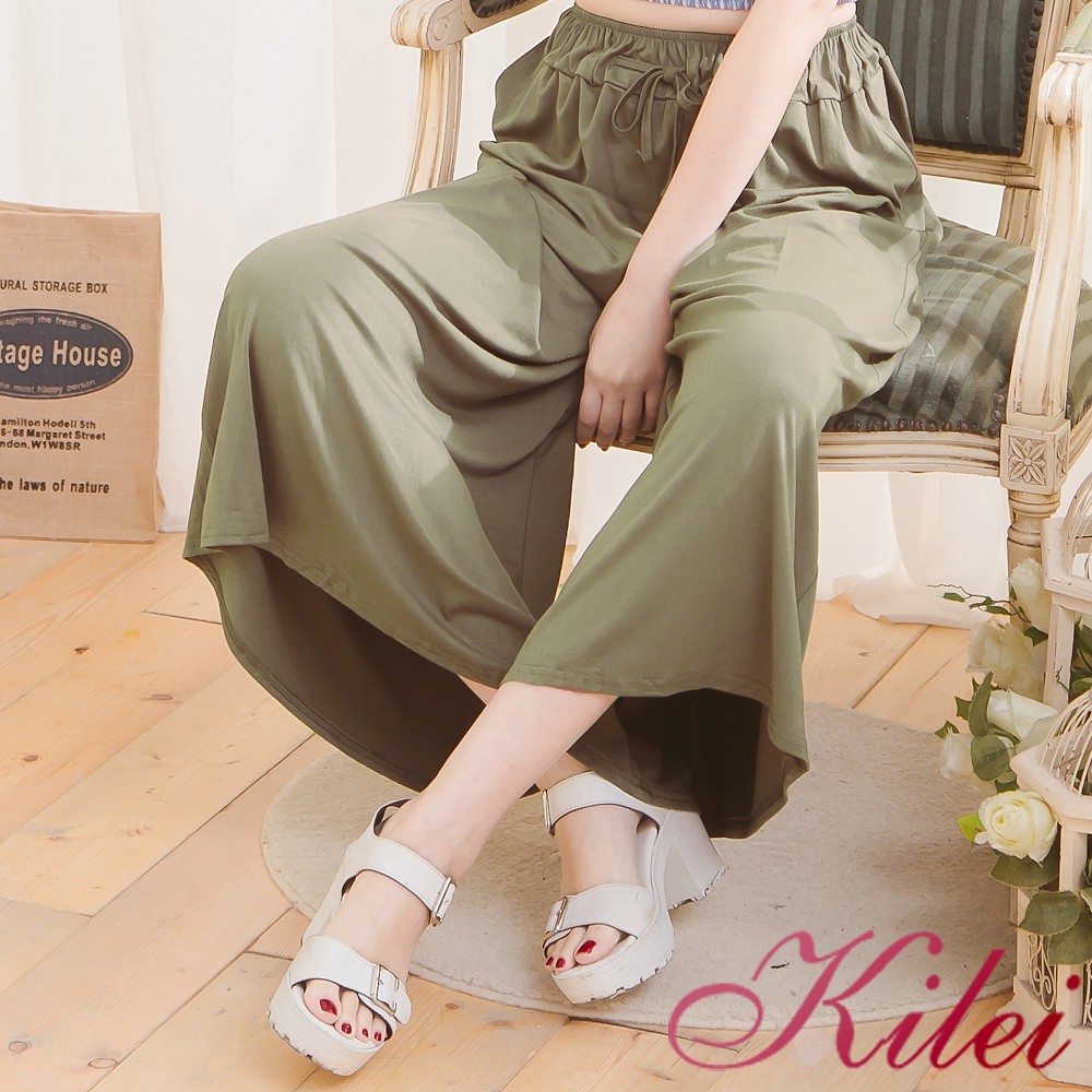 【Kilei】素色腰抽繩鬆緊可綁結長褲寬褲XA3716-02(個性軍綠)全尺碼