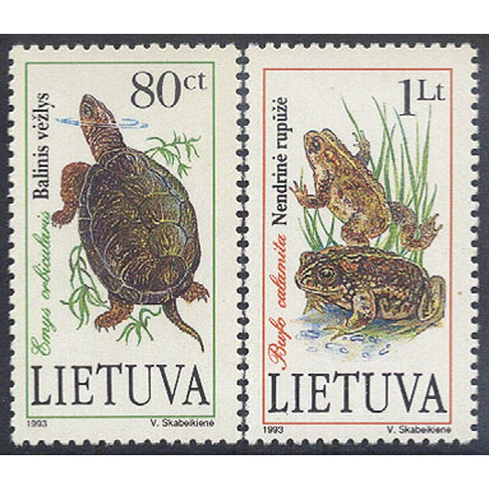 (C2450)立陶宛1993年瀕危動物 池塘龜 黃條背蟾蜍郵票2全