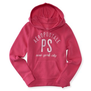 美國品牌 AEROPOSTALE 女童裝 P.S.系列女生款棉質刷毛連帽帽T 有帽子長袖外套 桃紅色 5號