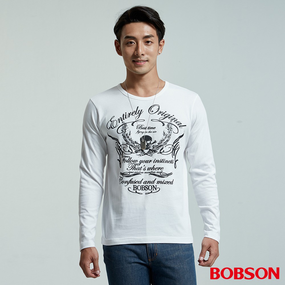 BOBSON 男款圓領骷髏圖騰白色上衣   35043-80