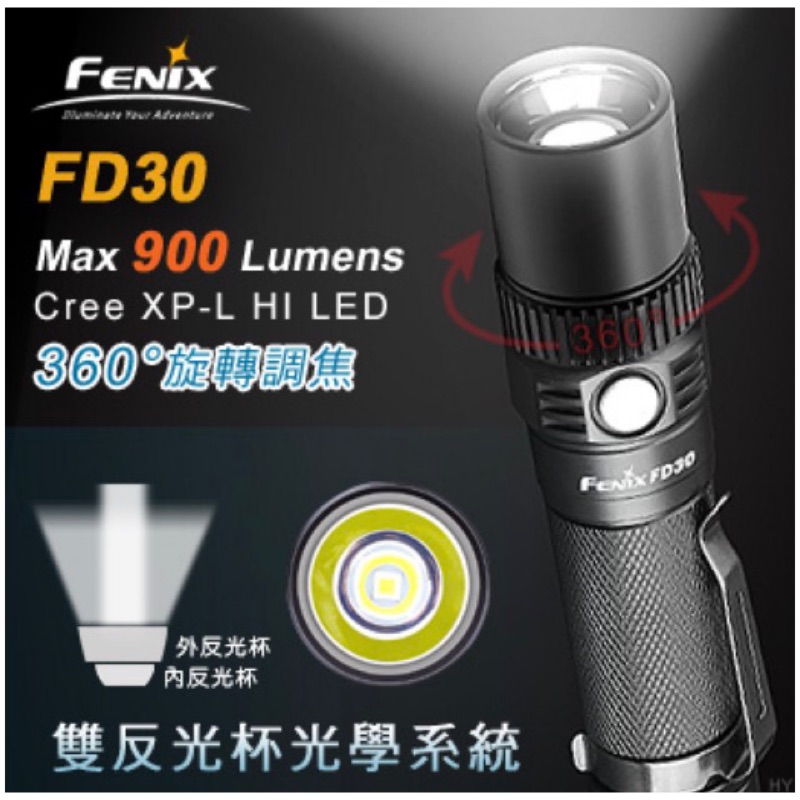 FENIX FD30旋轉調焦手電筒 900流明
