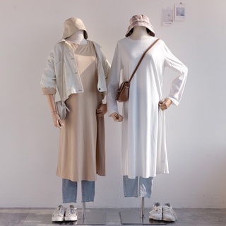 MUMU【T19350】圓領長袖洋裝 - 白 下開衩 長袖長版上衣 素面 落肩袖 圓領長版T 洋裝 女裝 臺灣現貨