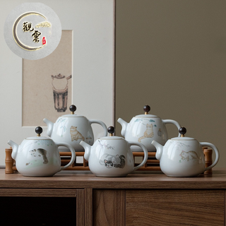 【觀雲】【臺灣現貨】汝窯茶壺 手工可養開片汝瓷小茶壺 陶瓷單壺 復古功夫茶具 家用泡茶壺