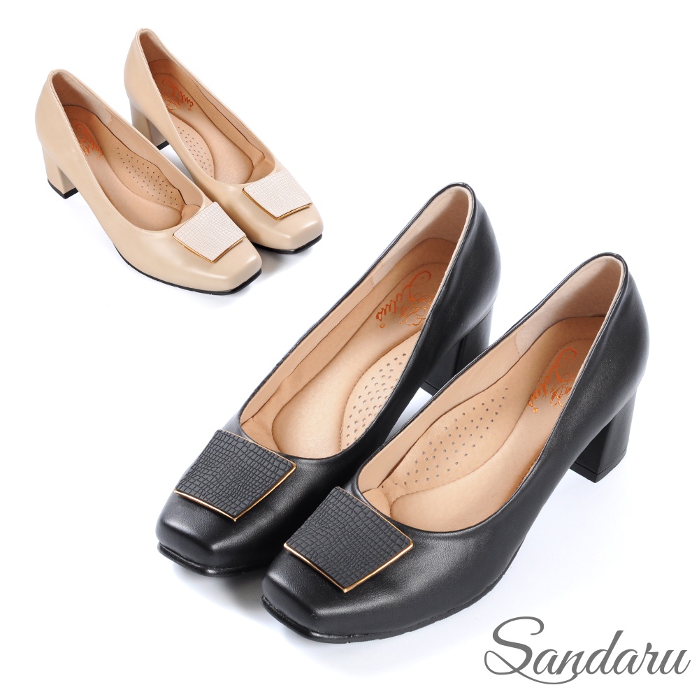 山打努SANDARU-高跟鞋 優雅方釦真皮軟墊方頭粗跟鞋