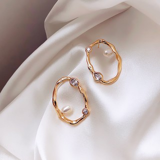 925純銀耳針🎀韓國空運現貨🎀正韓東大門 不規則金屬橢圓鑲嵌水鑽天然淡水小珍珠耳環