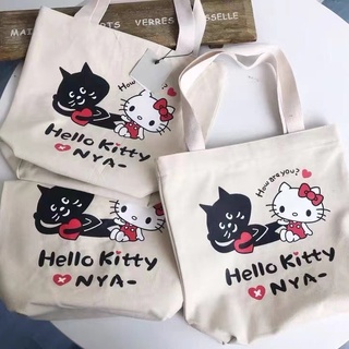 日系新款 驚訝貓 X Hello Kitty 聯名款可愛貓咪大容量百搭手提帆布包 斜背包 托特包帆布袋
