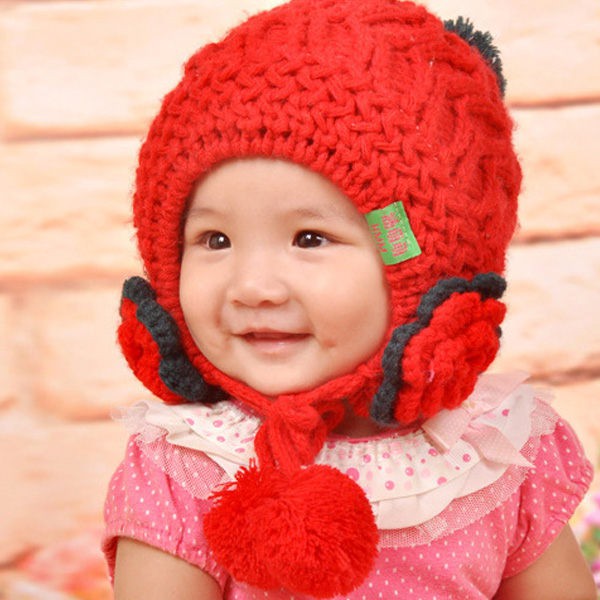 護耳花朵球球綁帶雙層刷毛保暖兒童毛線帽